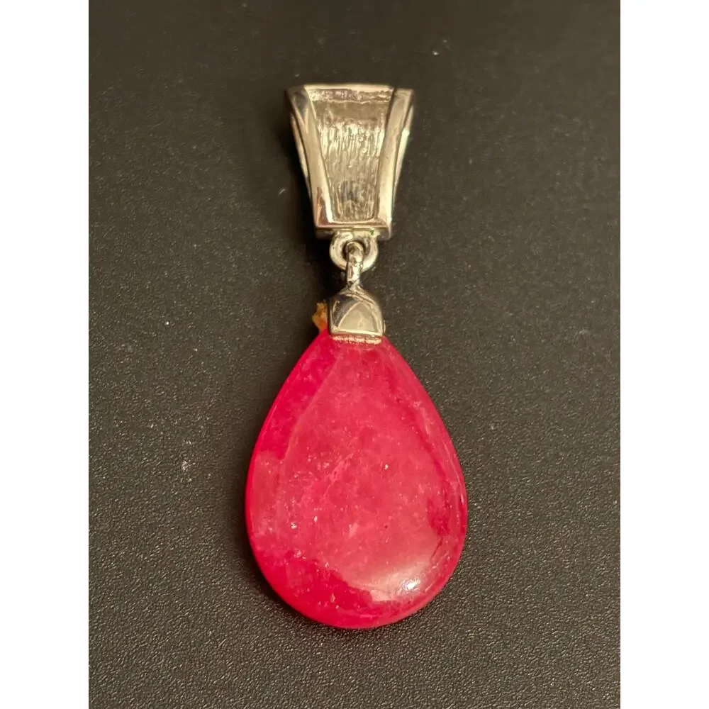 Vintage Genuine Pink Dyed Stone Teardrop Pendant Silver Tone